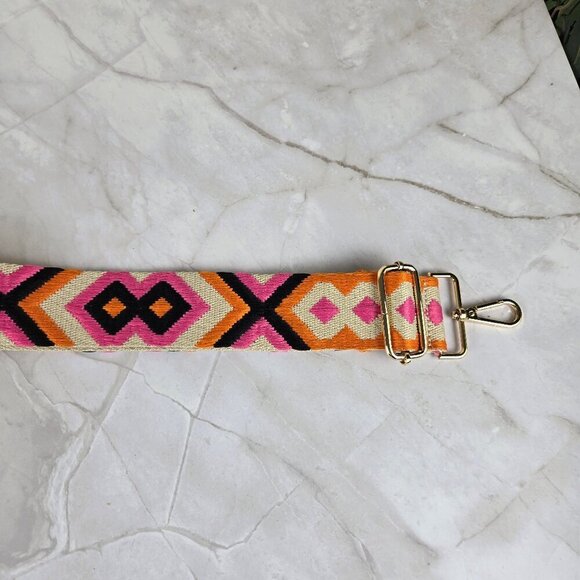 Long Adjustable Woven Purse Strap Cream Pink Orange Black Geometric Pattern - Picture 6 of 8